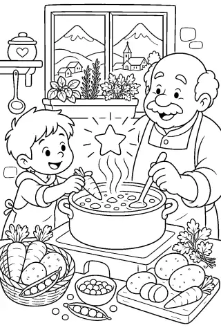 Free printable coloring page for the bedtime story The Star in the Soup Pot