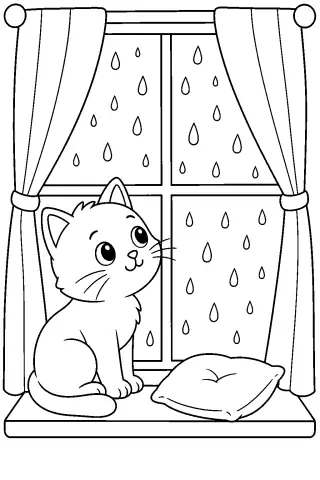 Free printable coloring page for the bedtime story The Cat Who Counted Raindrops
