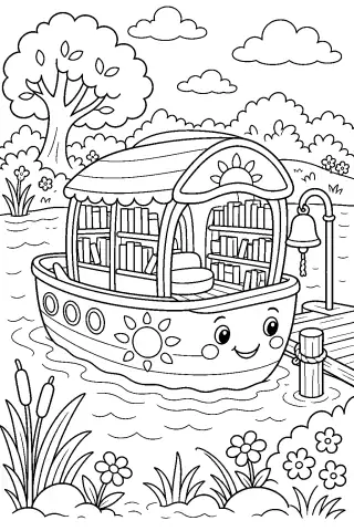 Free printable coloring page for the bedtime story The Little Library Boat