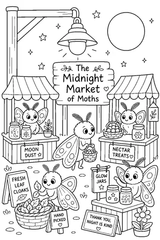 Free printable coloring page for the bedtime story The Midnight Market of Moths