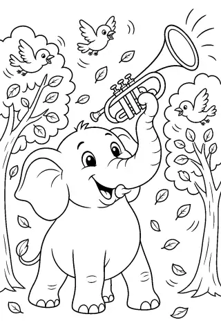 Free printable coloring page for the bedtime story The Elephant and the Tiny Trumpet