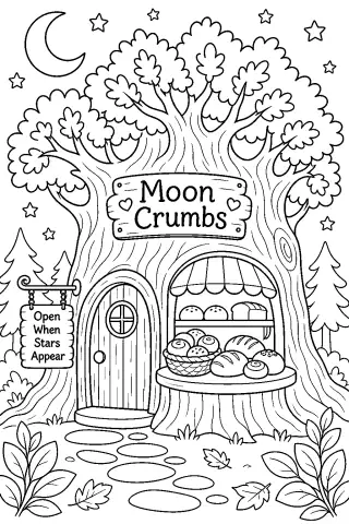 Free printable coloring page for the bedtime story The Moonlit Bakery of the Forest