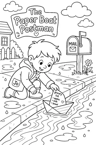 Free printable coloring page for the bedtime story The Paper Boat Postman