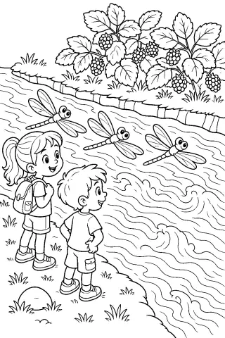 Free printable coloring page for the bedtime story The Dragonfly Bridge